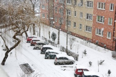 Kentsel şehir kar telaş sırasında. Araba kar kaplı. 