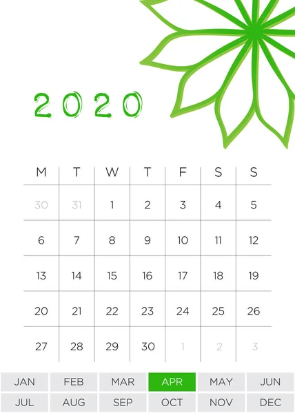 Jednoduchý měsíční kalendář duben 2020 — Stock fotografie