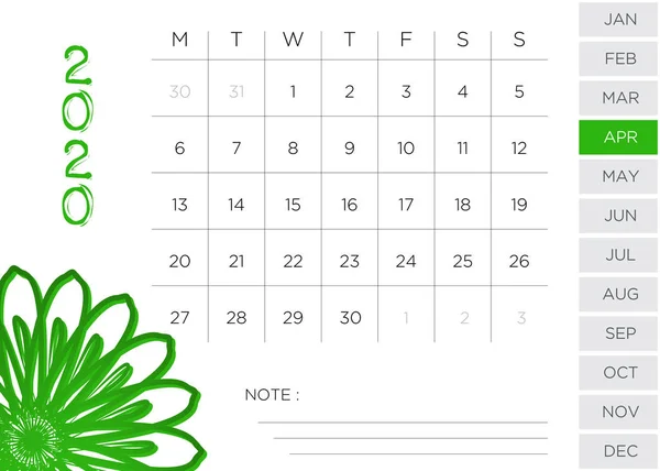 Simple Monthly Calendar April 2020 — Stock Photo, Image