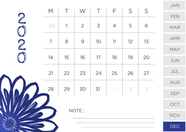 Simple Monthly Calendar December 2020 — 스톡 사진