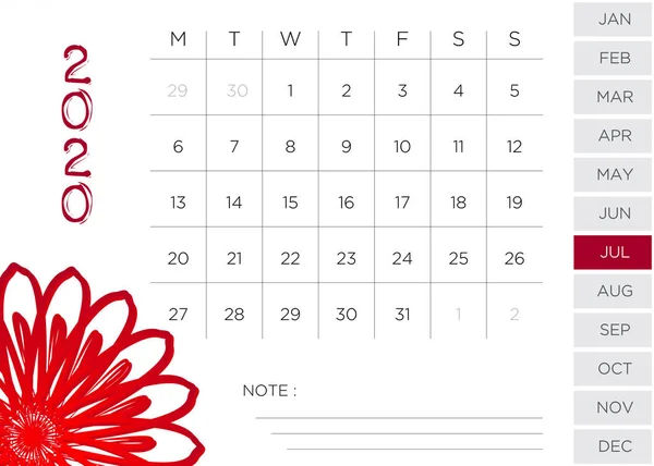 Simple Monthly Calendar July 2020 — 스톡 사진