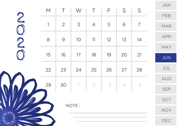 Simple Monthly Calendar June 2020 — 스톡 사진