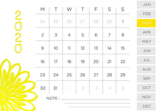 Simple Monthly Calendar March 2020 — 스톡 사진