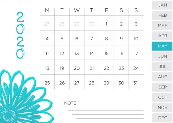 Jednoduchý Květinový Měsíční Kalendář Květen 2020 — Stock fotografie