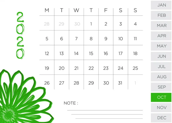 Simple Monthly Calendar October 2020 — 스톡 사진