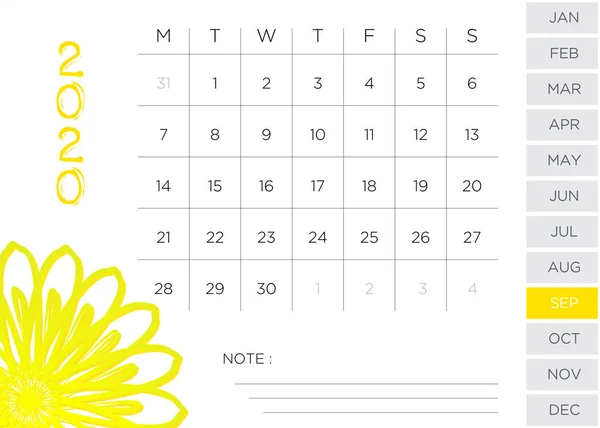 Calendário Mensal Simples Setembro 2020 — Fotografia de Stock