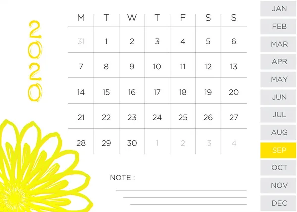 简单月历2020年9月 — 图库照片