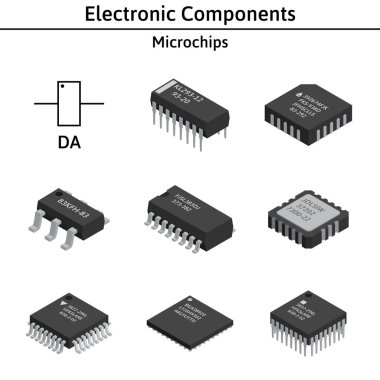 Vektör izometric elektronik bileşenleri ayarlayın. Mikroçip.