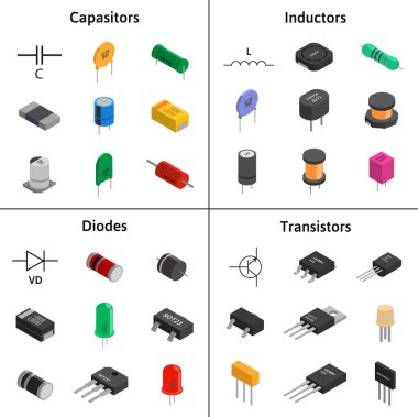 Vector set of izometric electronic components. Capacitors, diode clipart