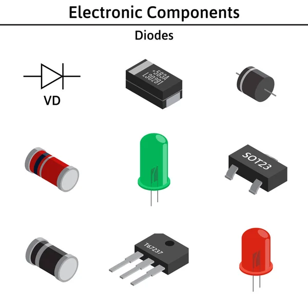 Vektorsatz izometrischer elektronischer Komponenten. Dioden. — Stockvektor