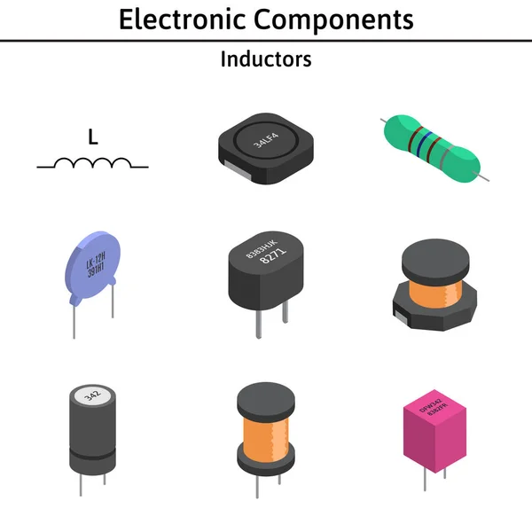 Conjunto vetorial de componentes eletrônicos izométricos. Indutores . —  Vetores de Stock