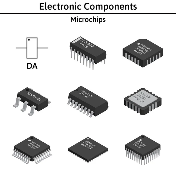 Conjunto vetorial de componentes eletrônicos izométricos. Microchips . —  Vetores de Stock