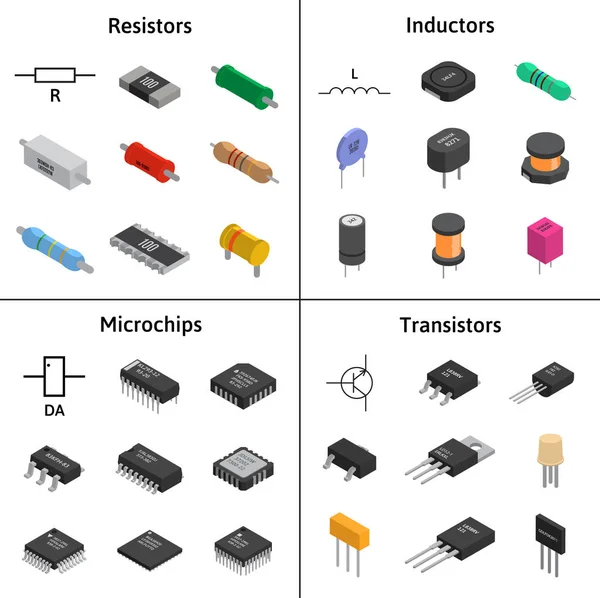 Vektorsatz izometrischer elektronischer Komponenten. Widerstände, Transi — Stockvektor