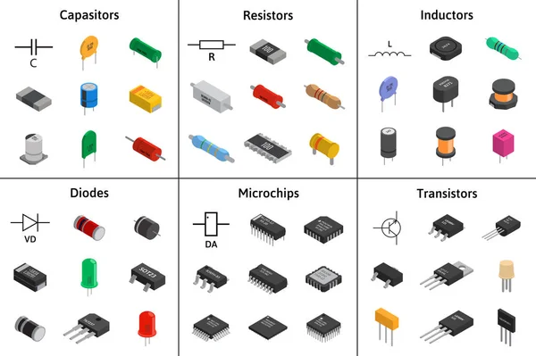 Büyük vektör izometric elektronik bileşenleri kümesi. Kondansatörler, r