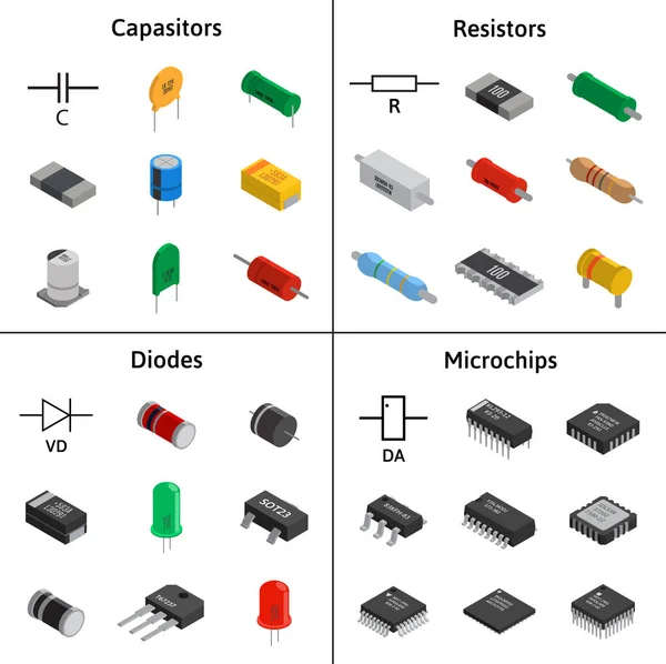 Vektorsatz izometrischer elektronischer Komponenten. Kondensatoren, Resis — Stockvektor
