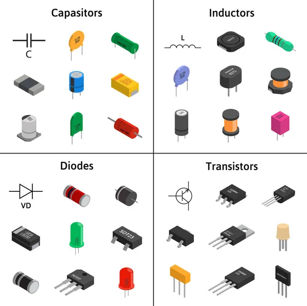 Conjunto vectorial de componentes electrónicos izométricos. Condensadores, diodo — Vector de stock
