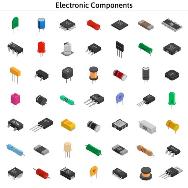 Big vector set of izometric electronic components. Capacitors, r — Stock Vector