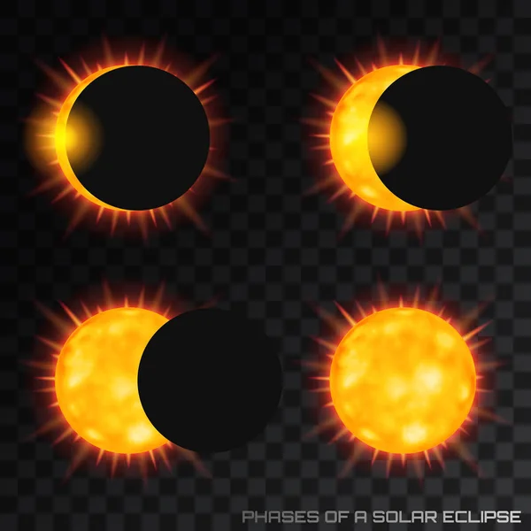 Fases vectoriales del eclipse solar total sobre fondo transparente — Vector de stock