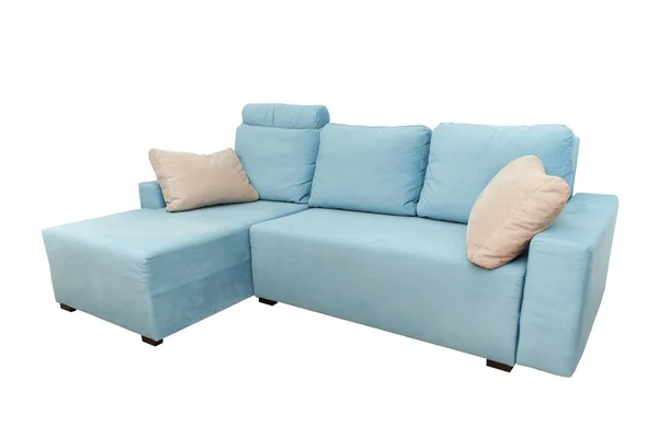 Sofá sofá moderno azul com travesseiros bege — Fotografia de Stock