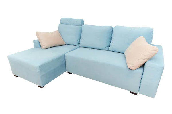 Синий современный диван с бежевыми подушками — стоковое фото