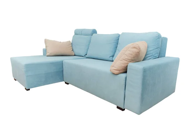 Синий современный диван с бежевыми подушками — стоковое фото