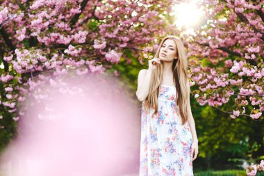 Kiraz çiçeği arka plan güzel kız portresi