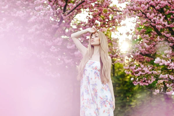 Retrato de chica hermosa sobre fondo de flor de cerezo — Foto de Stock