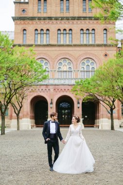 Gelin ve damat sokak chateau üzerinde yürüme