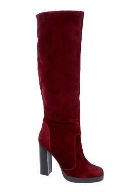 Süet deri üzerinde beyaz arka plan izole kadın kış yüksek topuk çizmeler