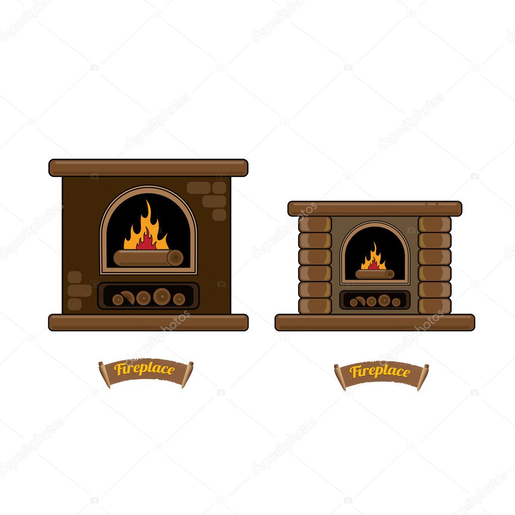 Fireplace icon set isolated on white. Burning brown brick fireplace with firewood.