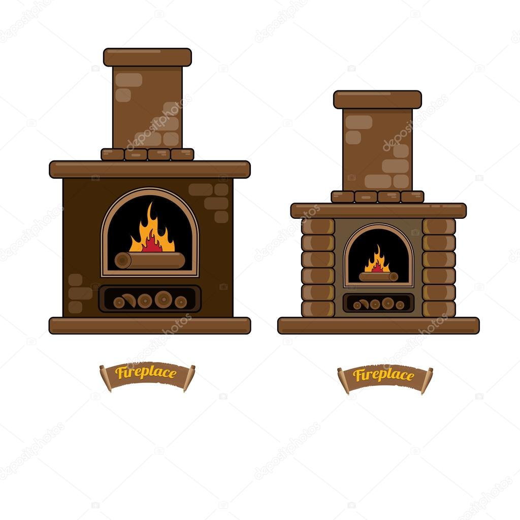 Fireplace icon set isolated on white. Burning brown brick fireplace with firewood.