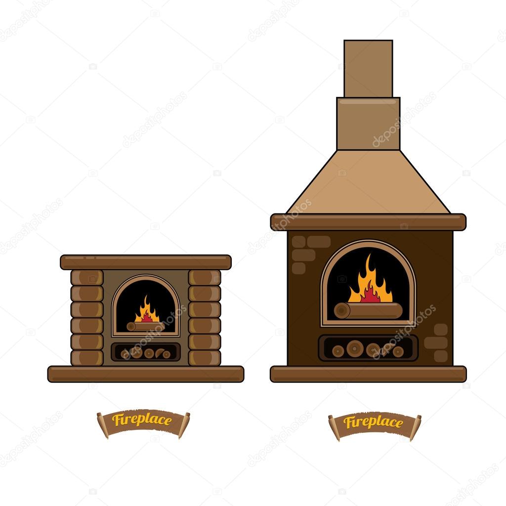 Fireplace icon set isolated on white. Burning brown brick fireplace with firewood.