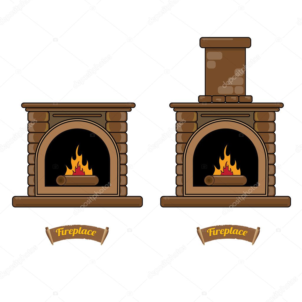 Fireplace icon set isolated on white. Burning brown brick fireplace with firewood.