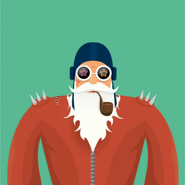 Vector biker santa claus with smoking pipe. — Stock Vector