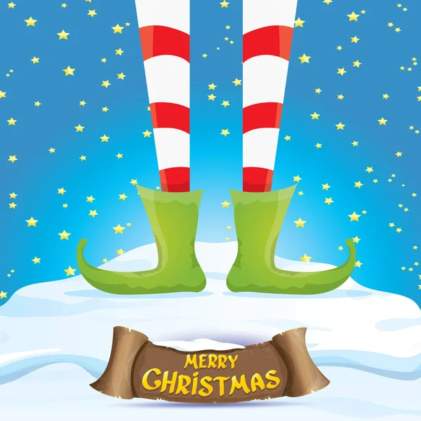 Vector feliz tarjeta de Navidad con los elfos de dibujos animados — Vector de stock