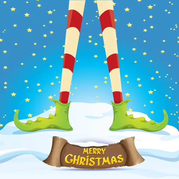 Vector feliz tarjeta de Navidad con los elfos de dibujos animados — Vector de stock