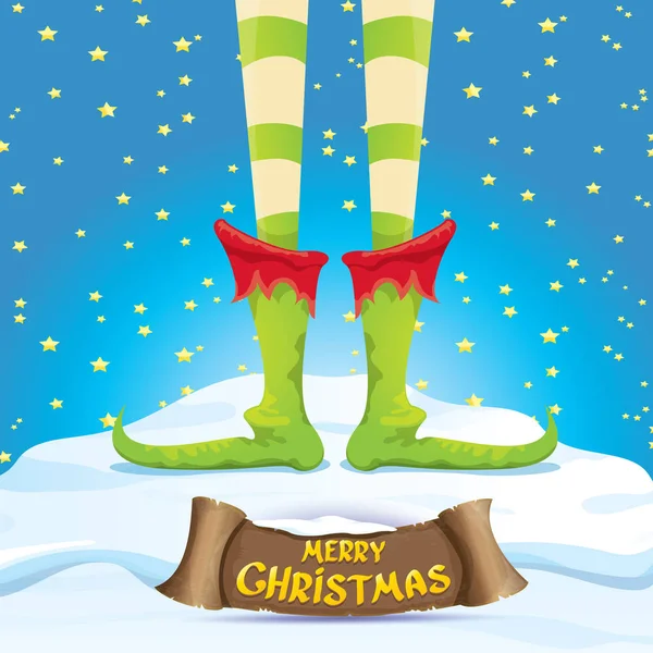 Vector merry christmas card with cartoon elfs — Stock Vector