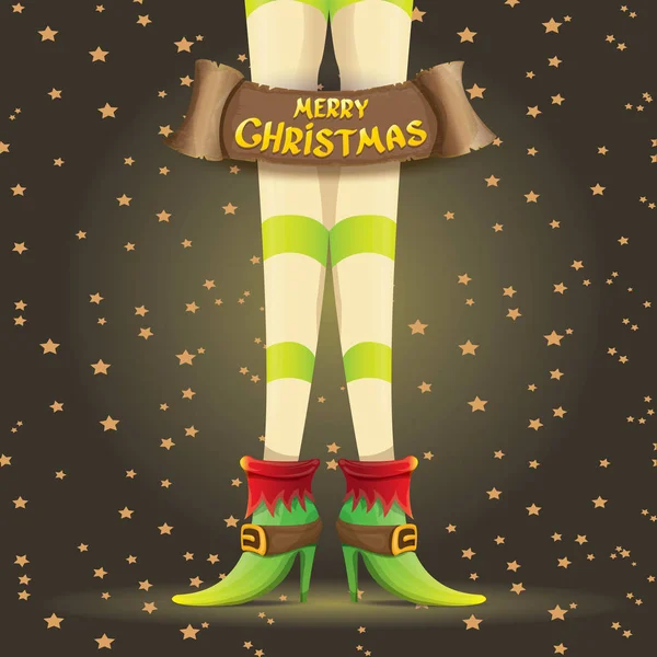 Vector christmas cartoon card with elf girls legs — Stock Vector