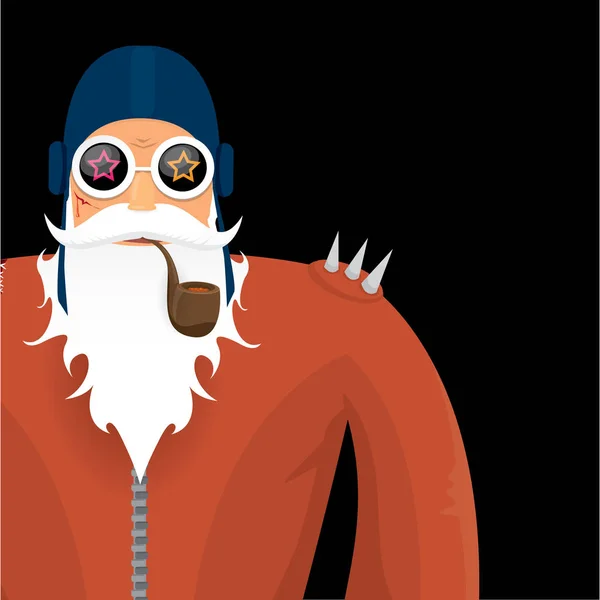 Vector biker santa claus with smoking pipe. — Stock Vector