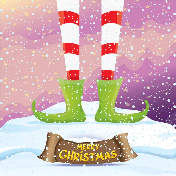 Vector merry christmas card with cartoon elfs — Stock Vector