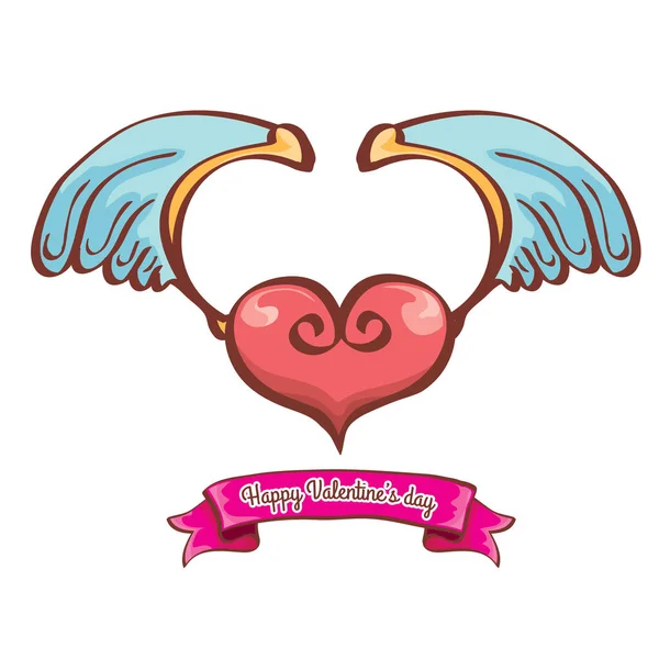Vector valentines day pink heart with angel wings — Stock Vector