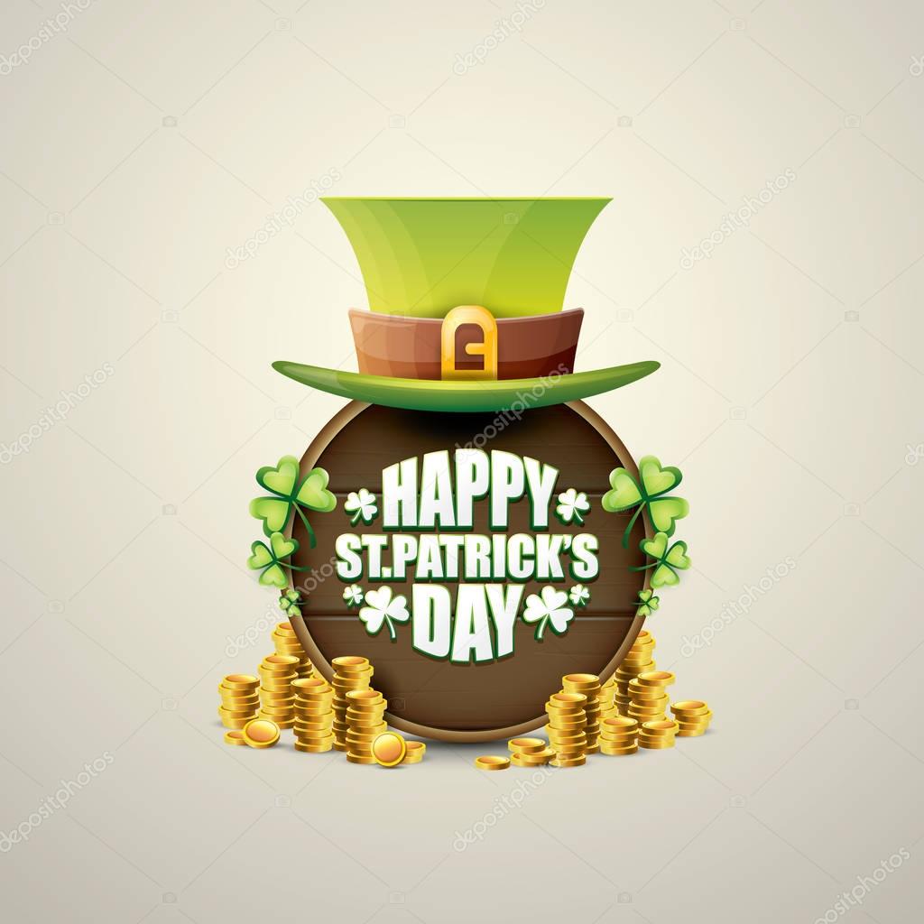 Vector happy saint patricks day label or poster with green hat, lucky clovers and vintage wooden board isolated on background.