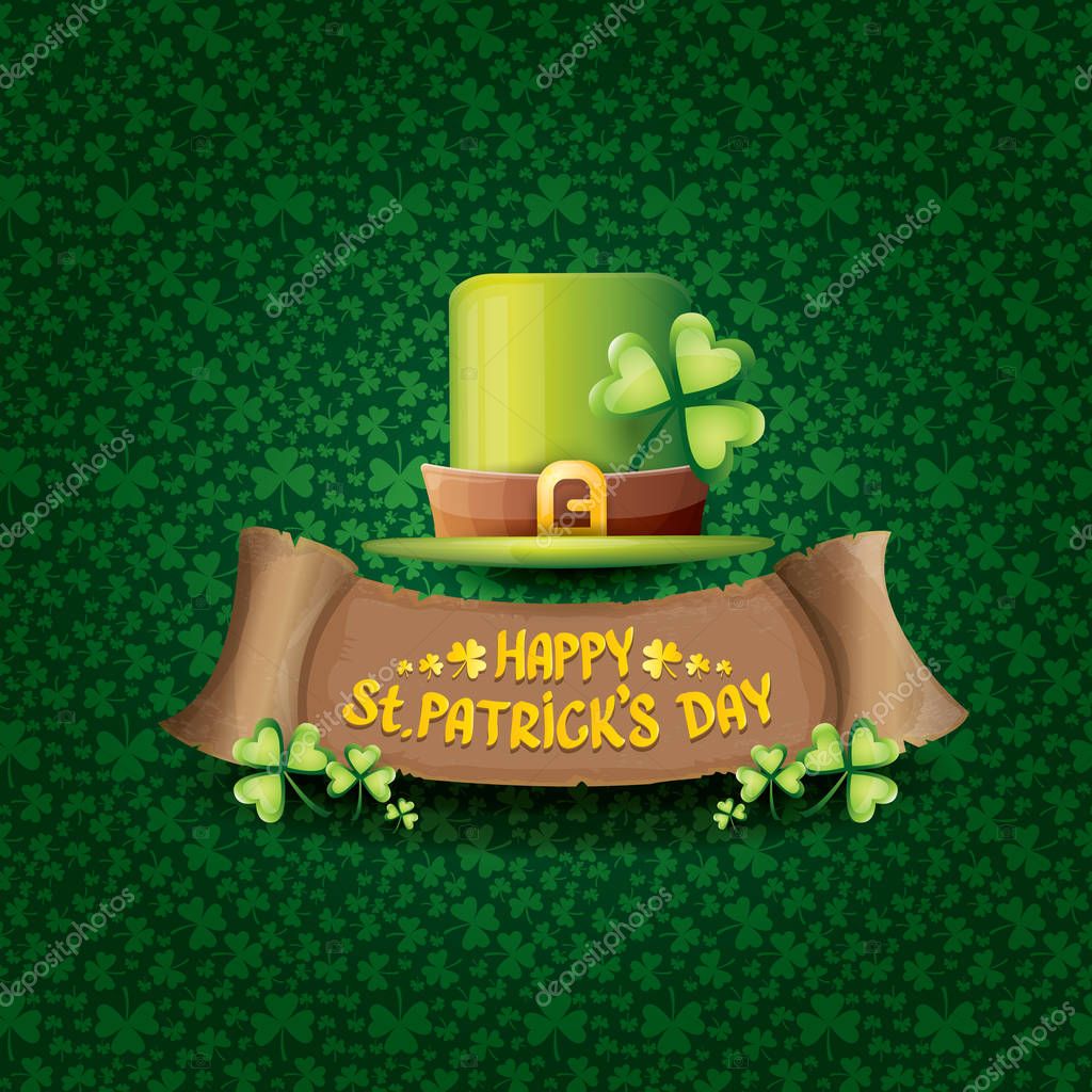 Vector happy saint patricks day label or poster with green hat, lucky clovers and vintage wooden board isolated on background.