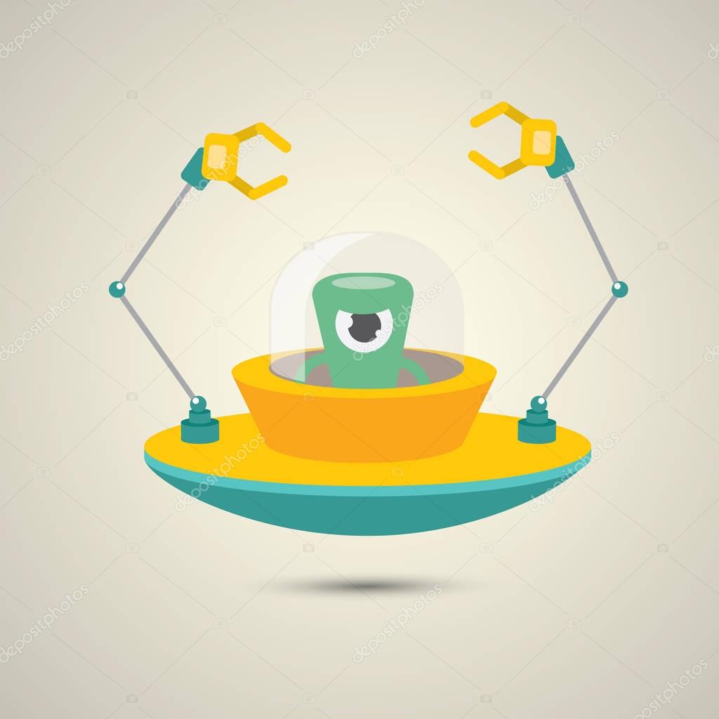 Vector flat funny orange alien spaceship logo design template . cartoon ufo alien in space. funny flying saucer
