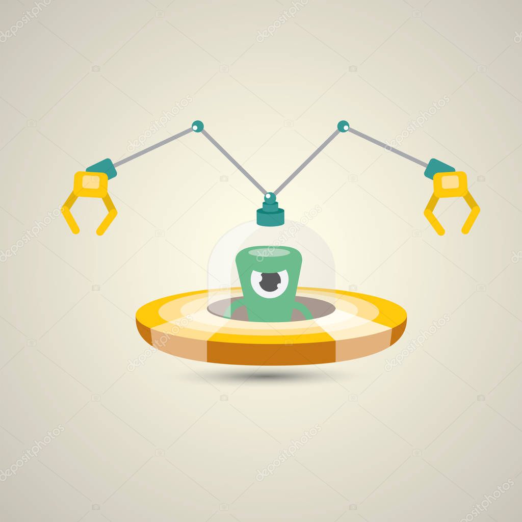 Vector flat funny orange alien spaceship logo design template . cartoon ufo alien in space. funny flying saucer