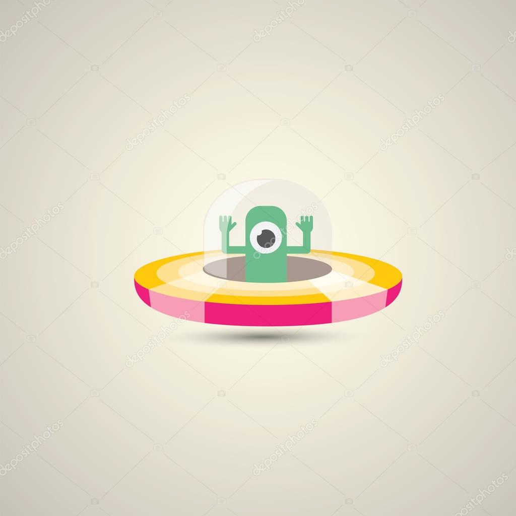 Vector flat funny orange alien spaceship logo design template . cartoon ufo alien in space. funny flying saucer