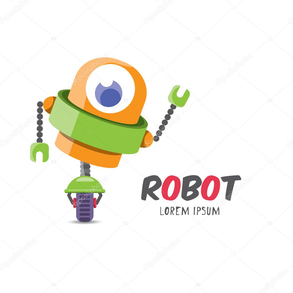 Vector cartoon cute flat robot icon isolated on white. green funny robot logo design template