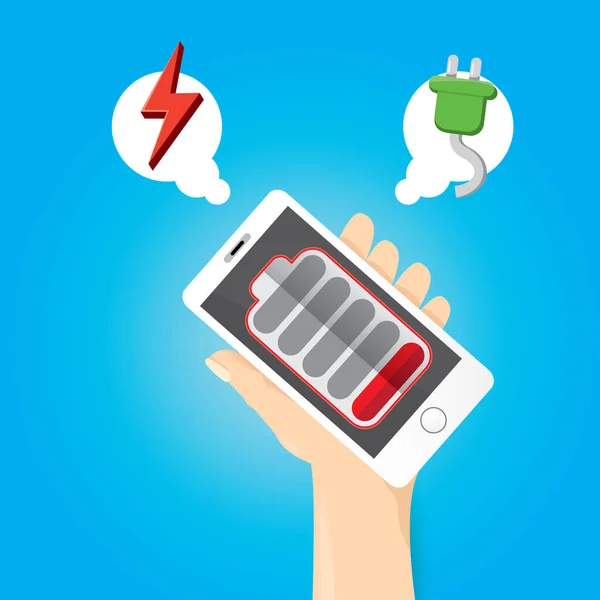 Smartphone avec icône rouge batterie faible à l'écran . — Image vectorielle