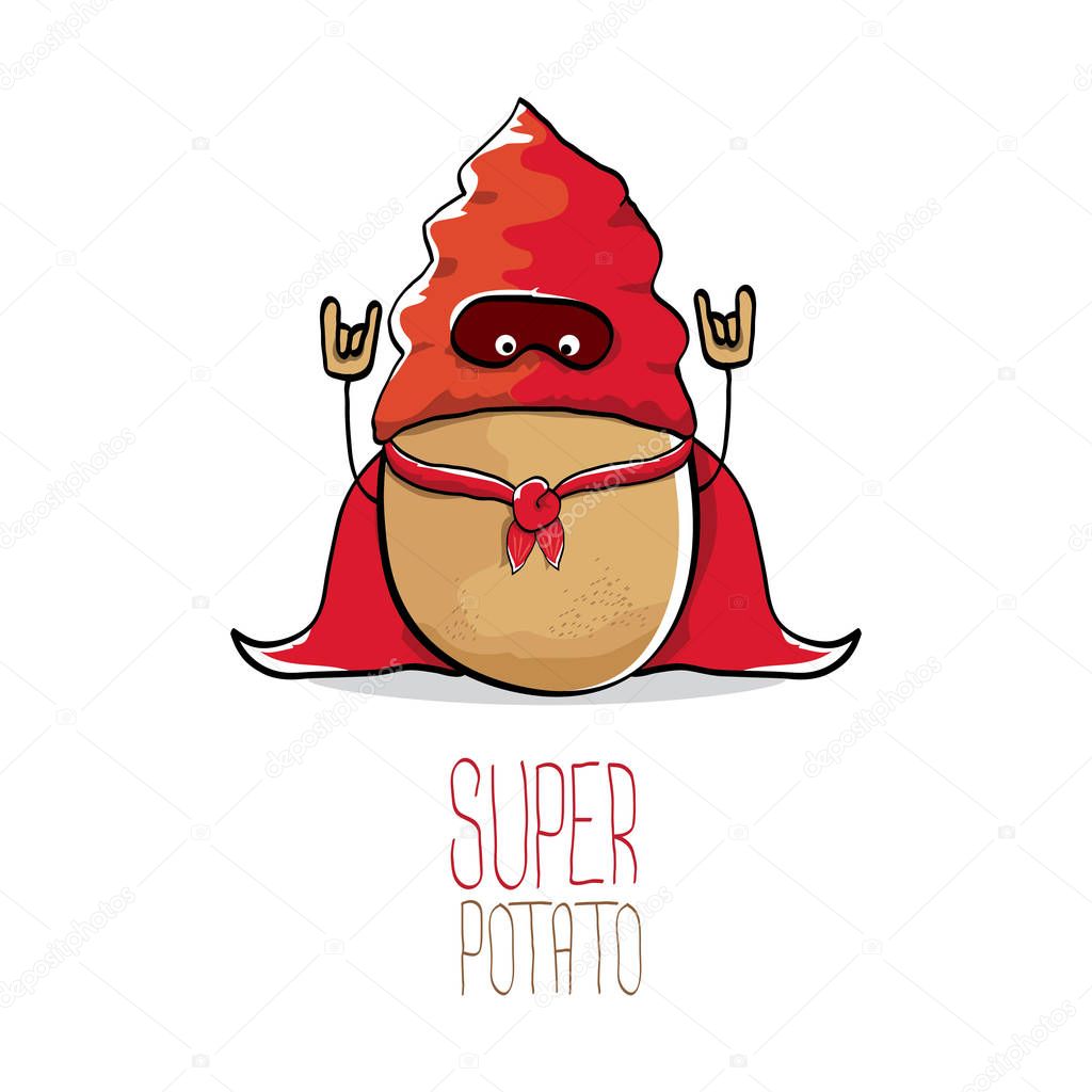 Vector funny cartoon cute brown super hero potato with red hero cape isolated on white background. My name is potato vector concept. super vegetable funky character