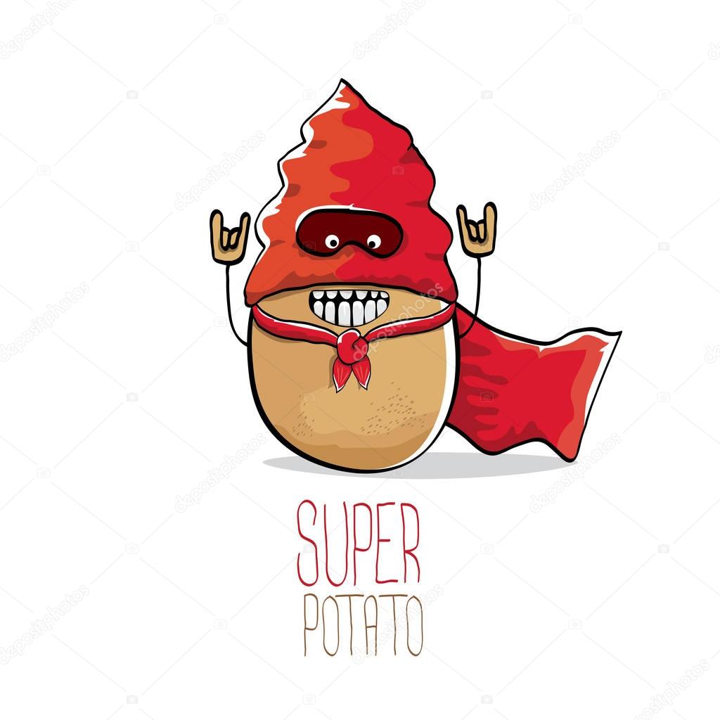 Vector funny cartoon cute brown super hero potato with red hero cape isolated on white background. My name is potato vector concept. super vegetable funky character